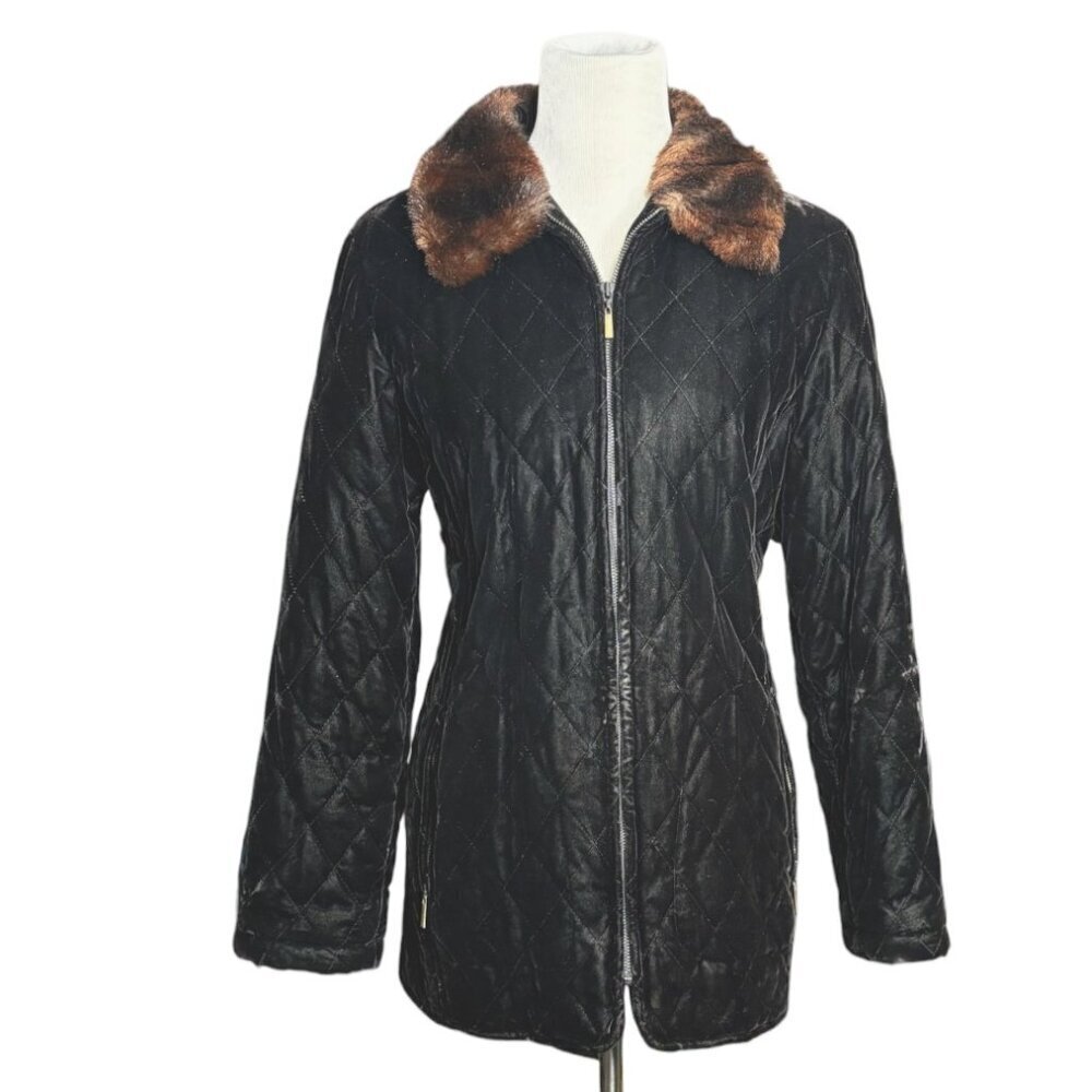 Jones New York Velvet Coat with Faux Mink Collar Black Size Large